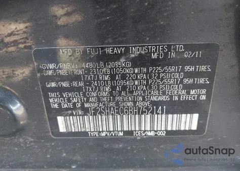 2011 Subaru Forester 2.5X Limited z USA, uszkodzony, nr VIN JF2SHAEC6BH752141